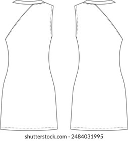 Ärmelloses Rundhalsausschnitt-Rundhalsausschnitt-Rundhalsausschnitt-Schulter-asymmetrisches H-Line-gerades Hemd-Kurzkleid-Vorlage-technisches Zeichnen-Flachskizze-CAD-Mockup-Mode-Frau-Design-Stil-Modell 