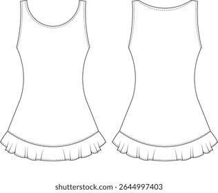 sleeveless round neck halter neck bodycon a line fit ealastic frilly hem ruffle frilled sport short mini dress template technical drawing flat sketch cad mockup fashion woman design style model 