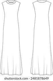sleeveless round neck long maxi flared dress template technical drawing flat sketch cad mockup fashion woman design style model
