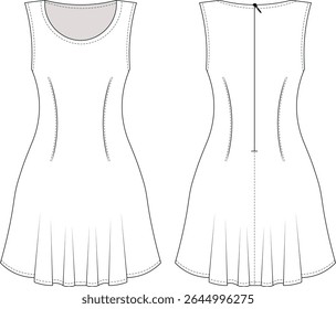 sleeveless round neck princess darted tailored zippered fit and flared mini short a line dress template technical drawing flat sketch cad mockup fashion woman design style model 