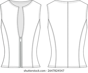 sem mangas redondo v pescoço zipado princesa darted talhado blusa top modelo formal desenho técnico plano esboço cad maquete moda mulher design estilo modelo 