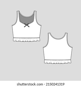 sleeveless ruffle hem bow crop top fancy neck with bow tank sleeveless ruffle frill detail at hem vest fashion flat sketch technical drawing template design vector