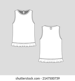 sleeveless ruffle hem keyhole top crew neck ruffle frill detail at hem vest  back keyhole fashion flat sketch drawing template cad