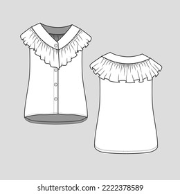 Sleeveless Ruffle Neck Top Button panel High low dip hem Neckline gathering Ruffles  Fashion flat sketch drawing template design vector