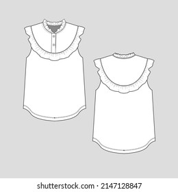 sleeveless Ruffled top neck frill ruffle front ruffle detail placket button panel fashion hem flat sketch technical drawing template design vector