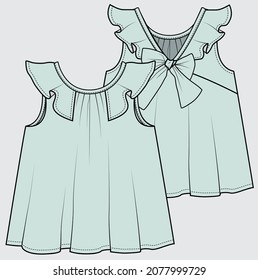 SLEEVELESS RUFFLED WOVEN TOP WITH BACK BOW DETAIL FOR TEEN GIRLS AND KID GIRLS IN EDITABLE VECTOR FILE