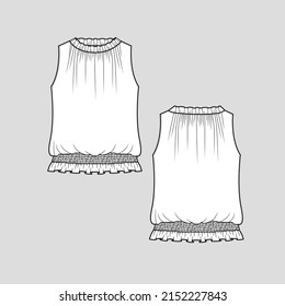 Sleeveless ruffles frill neck Smocking frill hem top  frill neck gathering front smocked ruffle frill hem clothing  fashion t shirt top blouse flat sketch technical drawing template design vector