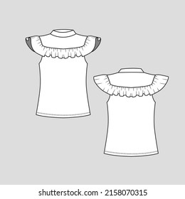 sleeveless Ruffles top mock neck ruffles frill detail  fashion blouse t shirt top flat sketch technical drawing template design vector