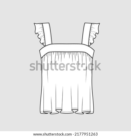 Sleeveless Ruffles top Strap ruffles gathering detail t shirt top blouse fashion flat Sketch technical drawing template design vector