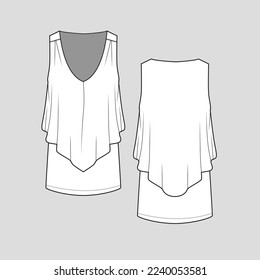 Sleeveless Ruffles Top V Neck  Flounce  fashion Tank vest  Cad Sketch Template drawing vector