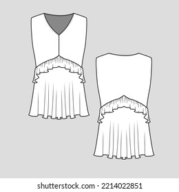Sleeveless Ruffles waist t shirt top V Neck Ruffle hem Fashion flat sketch design template drawing