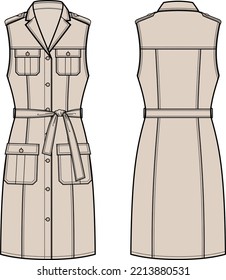 Sleeveless safari dress flat sketch. Casual gown apparel design. Front and back. Women CAD mockup. Technical drawing template. Vector illustration.