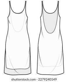 Sleeveless Satin Slip Dress Design flache Skizze Mode-Illustration mit Vorder- und Rückansicht, v Nacken Lace Nachtkleider-Zeichnung Vektorgrafik