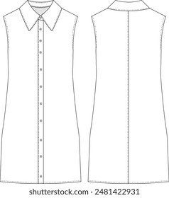 sleeveless sheath straight short shirt dress template technical drawing flat sketch cad mockup fashion woman design style model denim jean