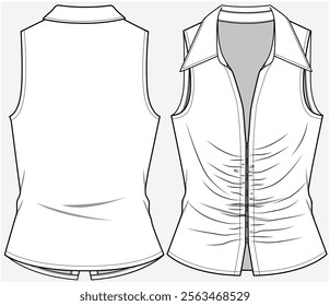 SLEEVELESS SHIRT WITH CENTER FRONT RUCHING DETAIL DESIGNED FOR WOMEN YOUNG WOMEN AND TEEN GIRLS IN VECTOR FILE