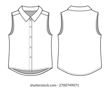 Camisa sin mangas vista frontal y trasera maqueta de Vector Plantilla diseño plano técnico.