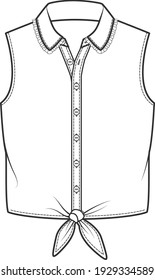 Sleeveless Shirt with front tie-up detail flat sketch illustration for kids and women