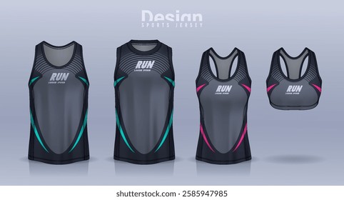 Sleeveless shirt sport design template, jersey mockup for Men's and Women's, Running singlet, basketball Tank top.