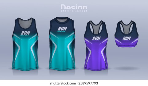 Sleeveless shirt sport design template, jersey mockup for Men's and Women's, Running singlet, basketball Tank top.