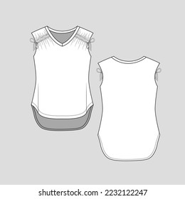 sin mangas Houlder Rued de recolección nudo arriba V Cuello Vest Singlet alta baja caída hem moda sketch plano plantilla vector