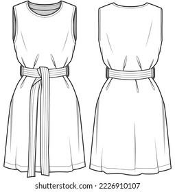 Sleeveless Skater Dress with Belt, Sleeveless Dress Front and Back View. Fashion Illustration, Vector, CAD, Technical Drawing, Flat Drawing, Template, Mockup.	