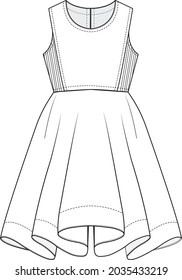 Sleeveless skater dress fashion flat sketch vector illustration