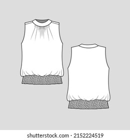 Sleeveless Smocking hem top  crew neck gathering vest singlet smocked  fashion t shirt top blouse flat sketch technical drawing template design vector