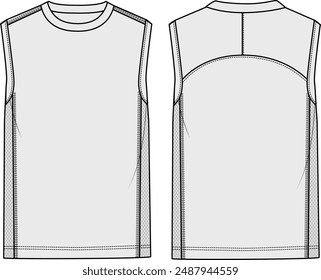 Vista frontal y posterior de la Ilustración vectorial de la camiseta deportiva sin mangas CAD Mock Up con paneles laterales de malla y ajuste de rendimiento