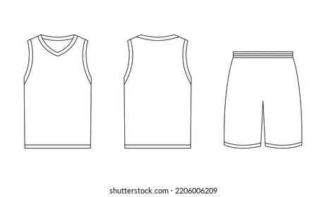 Sleeveless Sports Tshirt And Shorts Template. Front And Back View Unisex Clothing Pattern For Outdoor Activities And Basketball Practice. Casual Stylish Simple Vector Cotton Textile