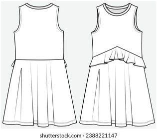 SLEEVELESS SPORTY DRESS WITH RUFFLE CASCADE DETAIL DESIGNED FOR FOR TEEN GIRL, TWEEN GIRLS AND KID GIRLS IN  VECTOR ILLUSTRATION