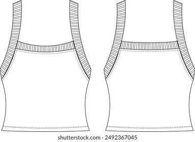 sleeveless square neck ribbed shoulder straps strapped strappy tank top blouse template technical drawing flat sketch cad mockup fashion woman design style model 