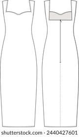 sleeveless square neck shoulder straps strappy zippered midi body-con dress template technical drawing flat sketch cad mockup fashion woman design style model 