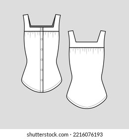 Sleeveless Square Neck Top Button panel curved Hem Fashion design  flat sketch  template technical drawing