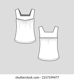 Sleeveless square neck top gatherings detail vest tank singlet fashion clothing flat sketch technical drawing template design vector