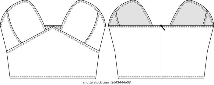sleeveless strapless neck crop cropped zippered blouse top bustier template technical drawing flat sketch cad mockup fashion woman design style model 