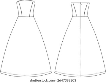 sleeveless strapless neck princess darted tailored fit ball gown balloon a line dress wedding bridal template technical drawing flat sketch cad mockup fashion woman design style model 