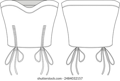 sleeveless strapless sweetheart neck drawstring crop cropped blouse top bustier template technical drawing flat sketch cad mockup fashion woman design style model 