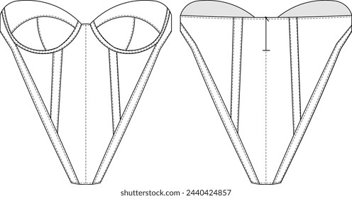 sleeveless strapless sweetheart neck underwired diamond hem zippered corset blouse top bustier bra template technical drawing flat sketch cad mockup fashion woman design style model