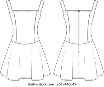 cinto sem mangas tiras de ombro alças pescoço quadrado princesa darted queda cintura plissado flored mini avental vestido modelo desenho técnico esboço plano cad mockup moda mulher design estilo modelo 