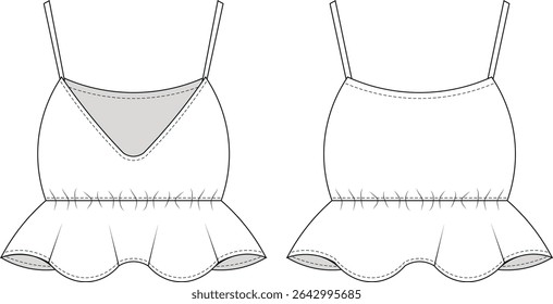 sem mangas strappy alças de espaguete frilled frilly ruffle colheitas peplum blusa top template desenho técnico esboço plano cad mockup moda mulher design estilo modelo 