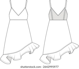 sleeveless strapped strappy spaghetti straps asymmetric frilly frilled frill hem short mini a line elastic dress template technical drawing flat sketch cad mockup fashion woman design style model 
