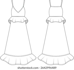 sleeveless strapped strappy spaghetti straps v neck frilly frilled ruffle midi long maxi a line dress template technical drawing flat sketch cad mockup fashion woman design style model 