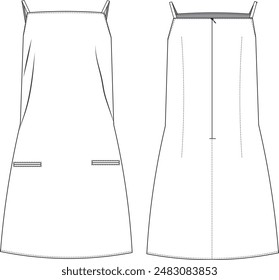 sin mangas correa de cuello cuadrado mini vestido recto con correas dibujo técnico boceto plano
