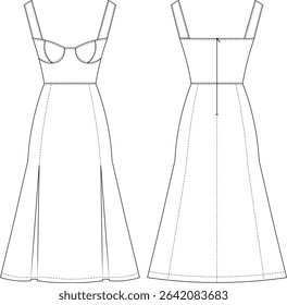 sleeveless strapped strappy square neck fit bodycon pleated mermaid long midi zippered dress template technical drawing flat sketch cad mockup fashion woman design style model 