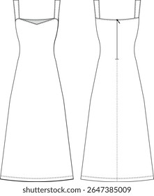 sem mangas strappy strapless quadrado querida pescoço zipado uma linha midi comprimento do tornozelo maxi vestido longo modelo técnico desenho plano esboço cad maquete moda mulher design estilo modelo 