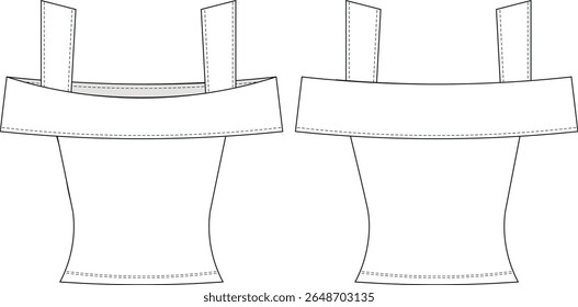 sleeveless strappy strapped off the shoulder square neck fit sport bodycon elastic blouse top template technical drawing flat sketch cad mockup fashion woman design style model 