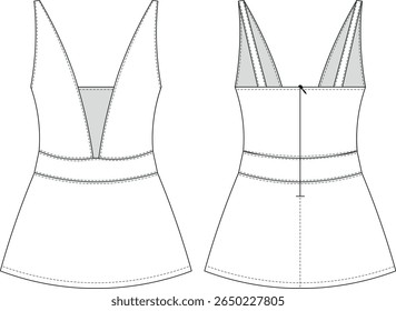strappy sem mangas amarrado mergulhando pescoço com zíper sem costas um modelo de mini vestido curto desenho técnico esboço plano cad mockup moda mulher design estilo modelo 