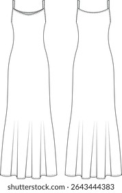alça sem mangas alças de ombro amarradas pescoço quadrado floreado sereia uma linha longo maxi vestido modelo desenho técnico plano esboço cad maquete moda mulher design estilo modelo 