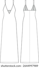 sleeveless strappy strapped shoulder straps deep v neck halter neck a line long maxi midi dress template technical drawing flat sketch cad mockup fashion woman design style model 