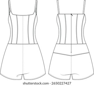 strappy sem mangas alças de ombro amarradas u pescoço scoop pescoço darted personalizado zippered mini jumpsuit macacão global macacão modelo técnico desenho plano esboço cad mockup moda mulher design estilo modelo 